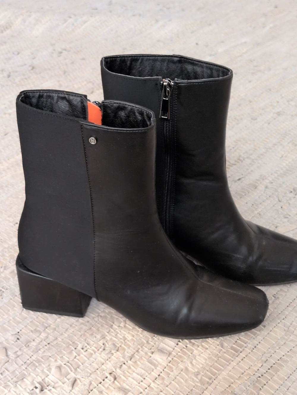 H by Halston Black Leather Square-Toe Ankle Booties with Block Heel